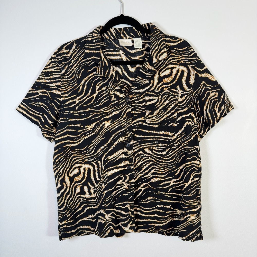 Erika Zebra Animal Print Button Up Shirt Safari Rayon Cotton Brown Tan Blouse L